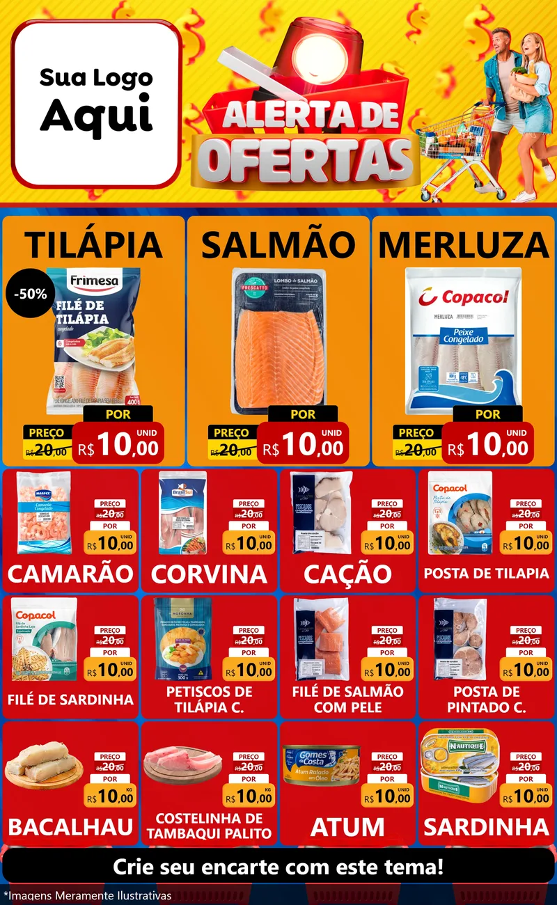 Modelo de Encarte para Encarte Grande com o tema Alerta de Ofertas para Peixaria