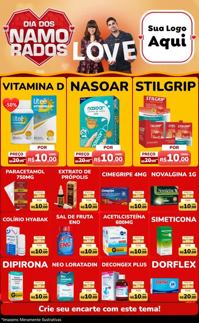 Modelo de Encarte para Encarte Grande com o tema Dia dos Namorados para Farmácia