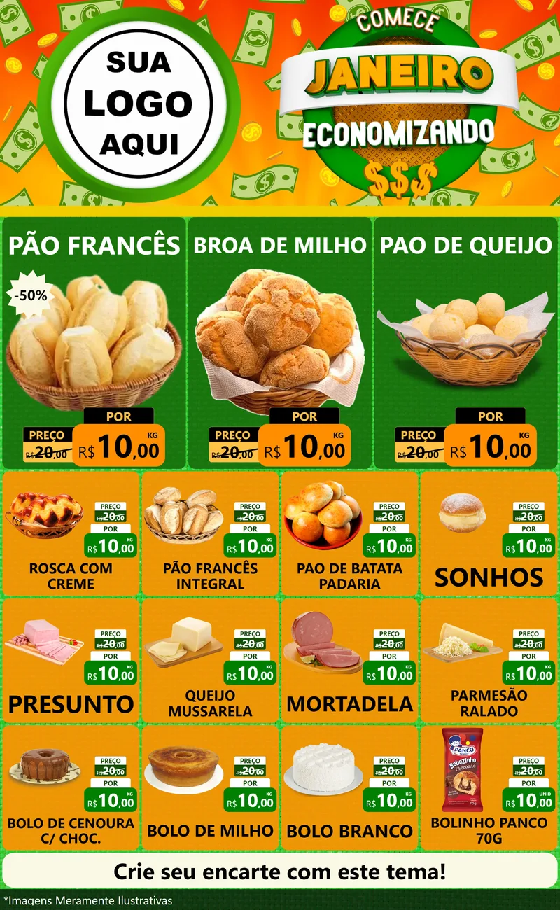 Modelo de Encarte para Encarte Grande com o tema Comece Janeiro Economizando para Padaria