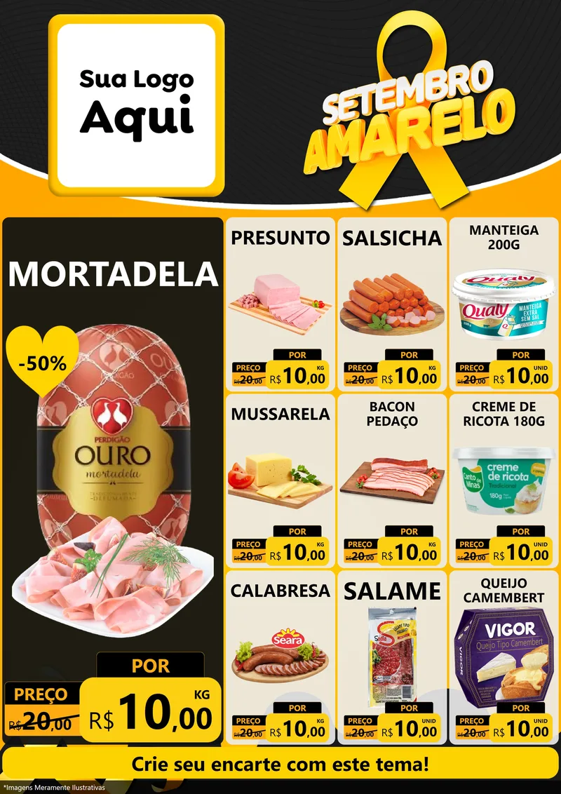 Modelo de Encarte para Encarte A4 Vertical com o tema Setembro Amarelo para Frios e Laticínios