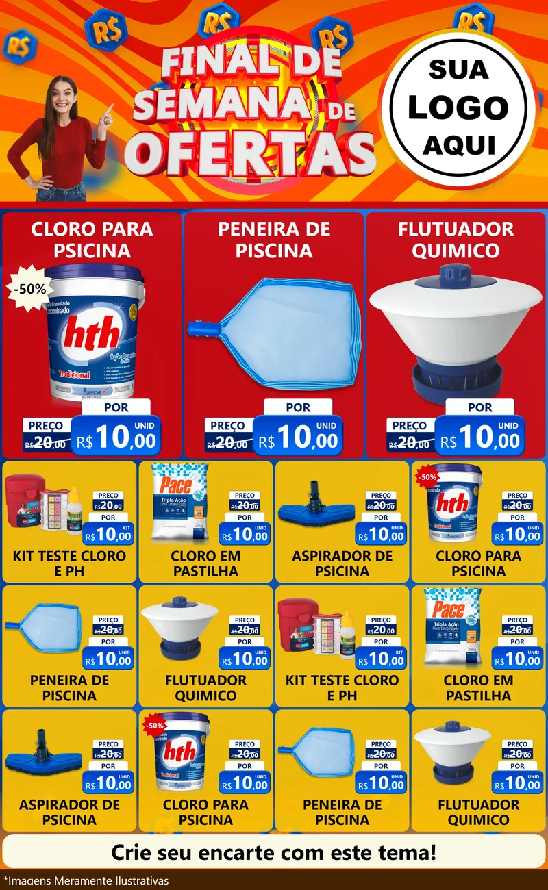 Modelo de Encarte para Encarte Grande com o tema Final de Semana de Ofertas para Produtos para Piscina