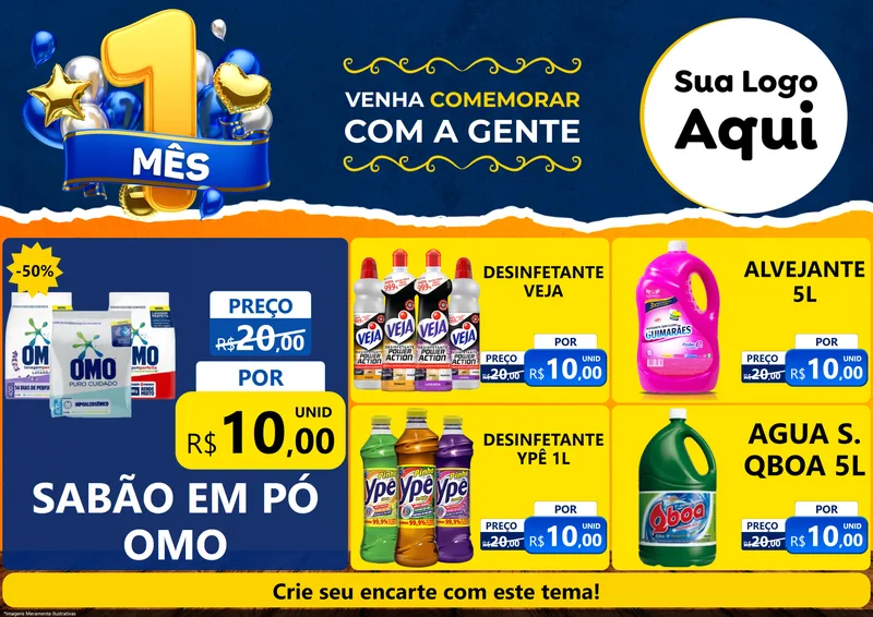 Modelo de Encarte para Encarte A4 Horizontal com o tema Um Mês de Aniversário para Produtos de Limpeza