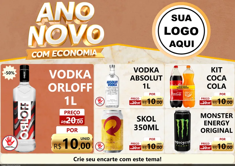 Modelo de Encarte para Encarte A4 Horizontal com o tema Ano Novo Com Economia para Distribuidora de bebidas