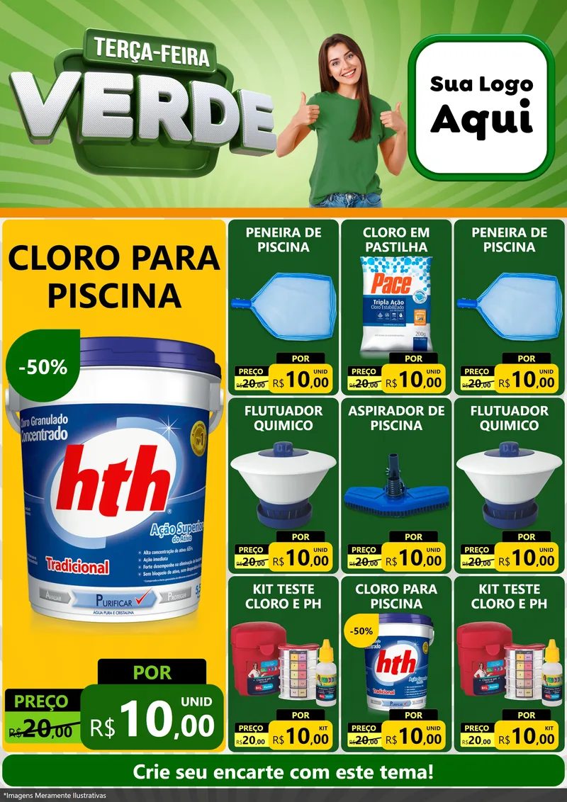 Modelo de Encarte para Encarte A4 Vertical com o tema Terça - Feira Verde para Produtos para Piscina