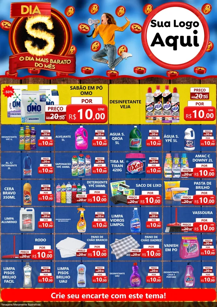 Modelo de Encarte para Encarte A4 Vertical com o tema Dia S - O Dia Mais Barato Do Mês para Produtos de Limpeza