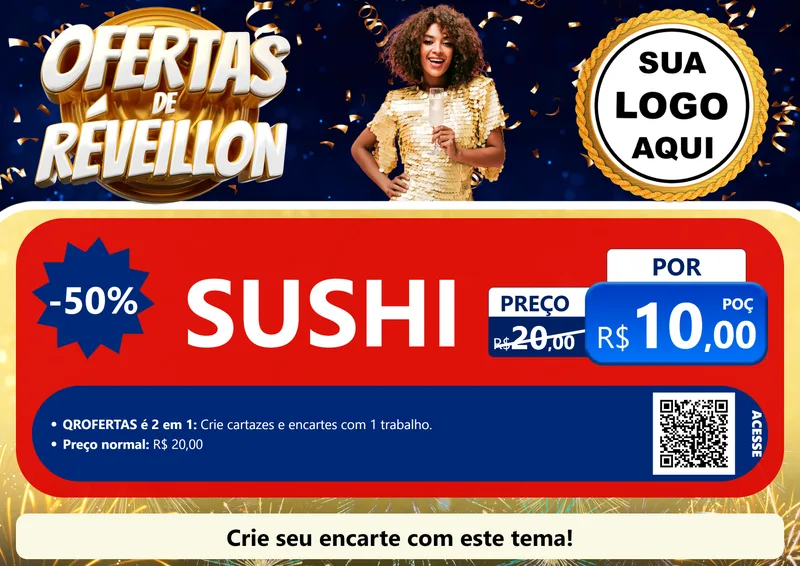 Modelo de Cartaz para Cartaz A4 Horizontal com o tema Ofertas de Réveillon para Comida japonesa