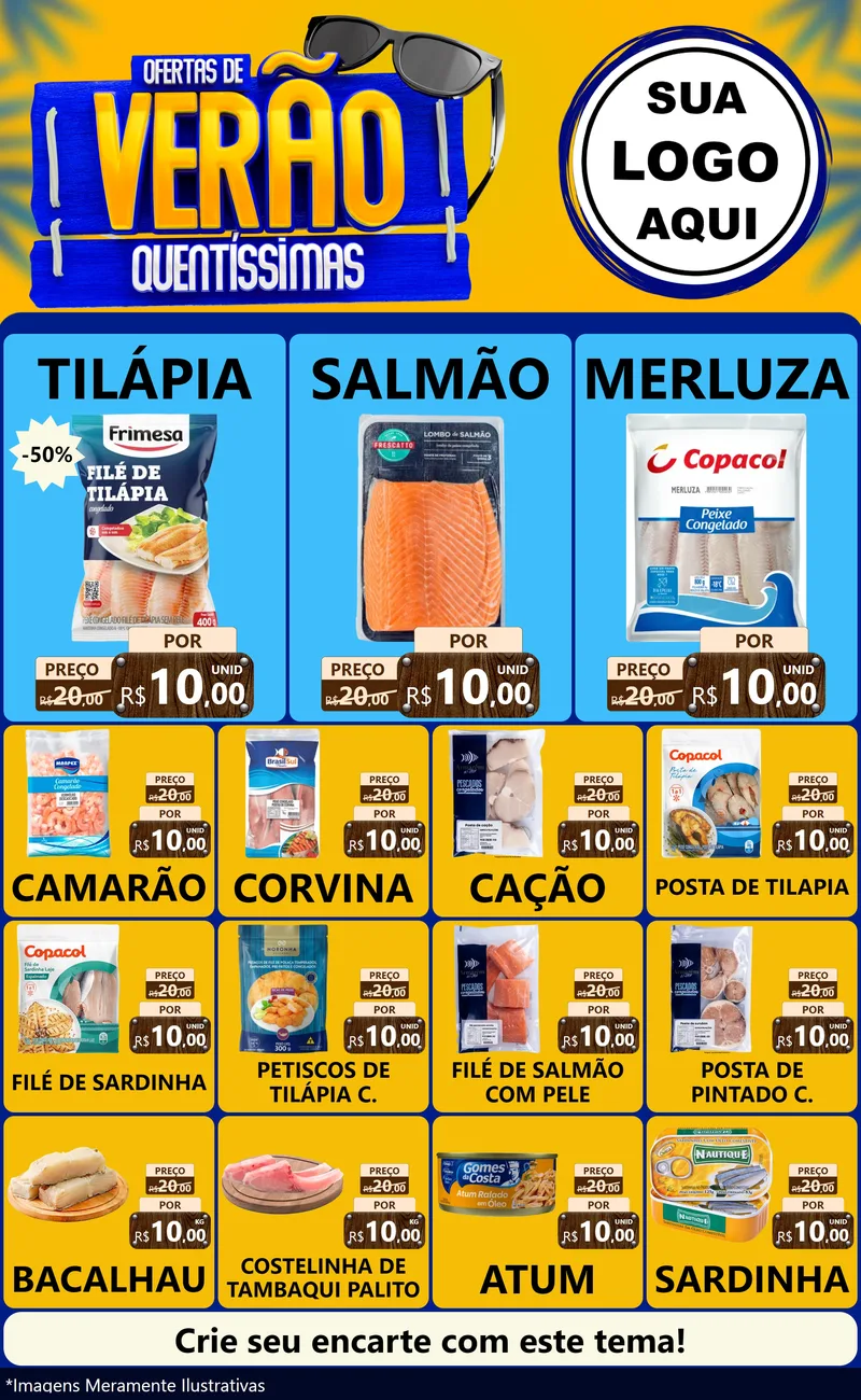 Modelo de Encarte para Encarte Grande com o tema Ofertas de Verão Quentíssimas para Peixaria