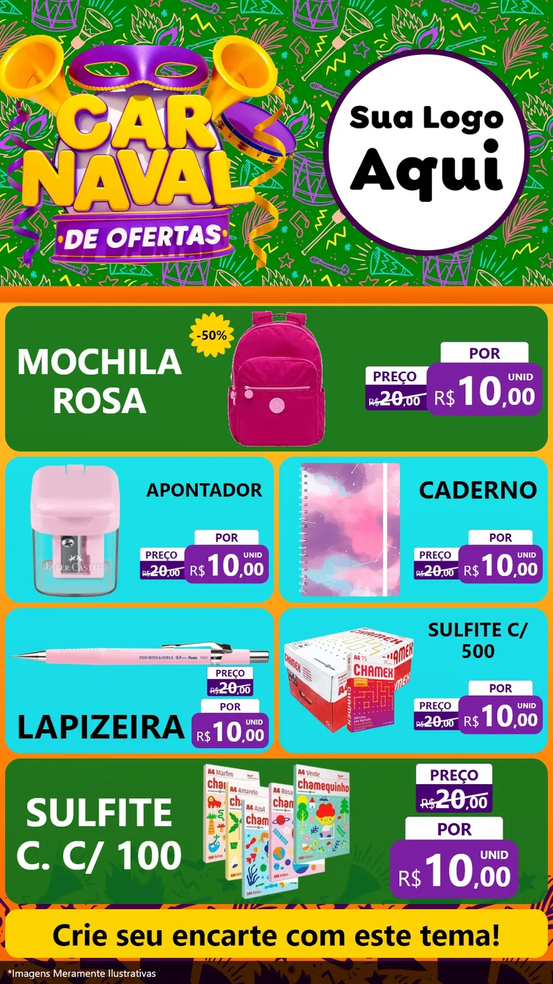 Modelo de TV para TV Vertical com o tema Carnaval de Ofertas para Papelaria