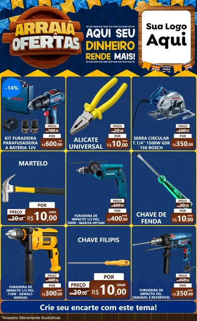 Modelo de Encarte para Encarte Grande com o tema Arraiá de Ofertas - Junina para Maquinas e Ferramentas