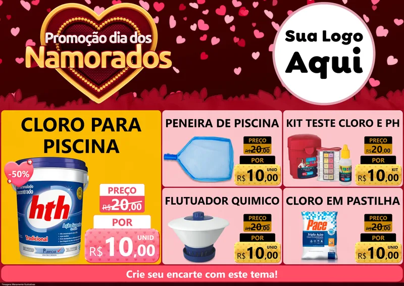 Modelo de Encarte para Encarte A4 Horizontal com o tema Promoção Dia Dos Namorados para Produtos para Piscina