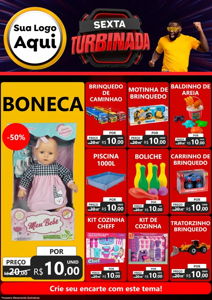Modelo de Encarte para Encarte A4 Vertical com o tema Sexta Turbinada para Brinquedos
