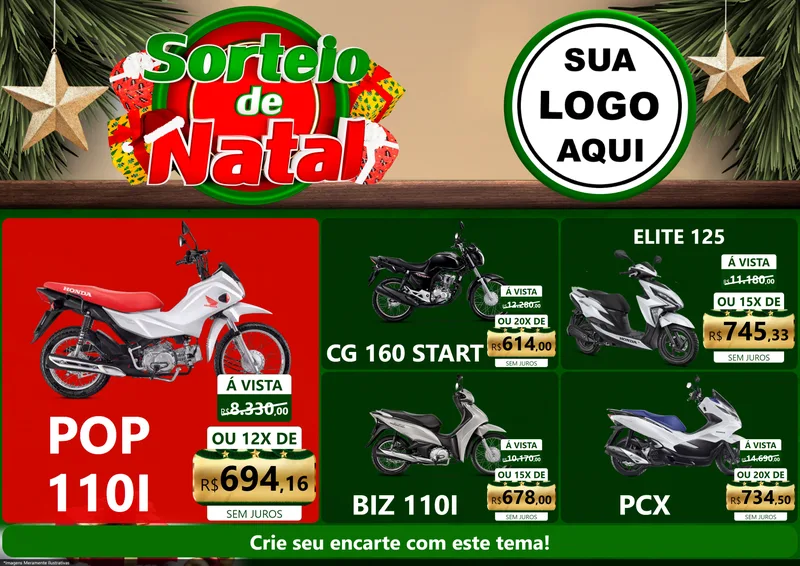 Modelo de Encarte para Encarte A4 Horizontal com o tema Sorteio de Natal para Concessionaria de Motos