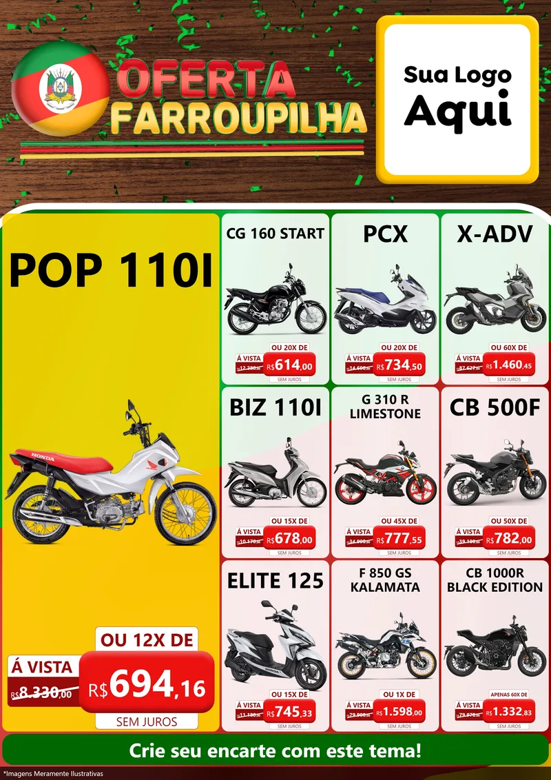 Modelo de Encarte para Encarte A4 Vertical com o tema Oferta Farroupilha para Concessionaria de Motos