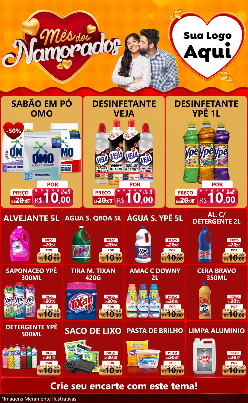 Modelo de Encarte para Encarte Grande com o tema Mês dos Namorados para Produtos de Limpeza