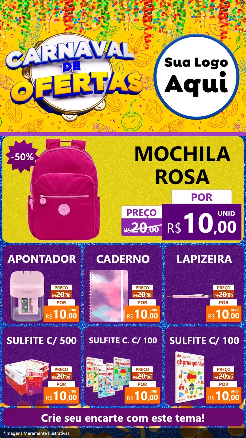 Modelo de Rede Social para Stories com o tema Carnaval de Ofertas para Papelaria