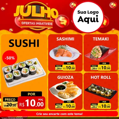 Modelo de Rede Social para Feed Facebook com o tema Julho Ofertas Imbatíveis para Comida japonesa