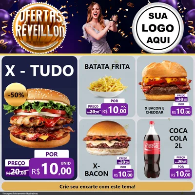 Modelo de Rede Social para Feed Facebook com o tema Ofertas de Réveillon para Hamburgueria