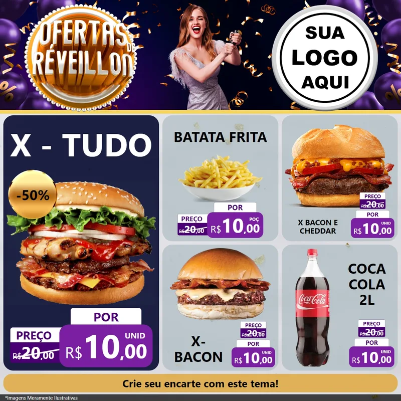 Modelo de Rede Social para Feed Facebook com o tema Ofertas de Réveillon para Hamburgueria
