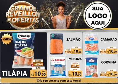 Modelo de Encarte para Encarte A4 Horizontal com o tema Grande Réveillon de Ofertas para Peixaria