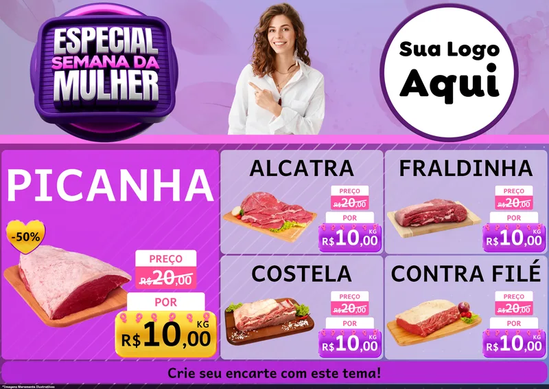 Modelo de Encarte para Encarte A4 Horizontal com o tema Especial Semana da Mulher para Açougue