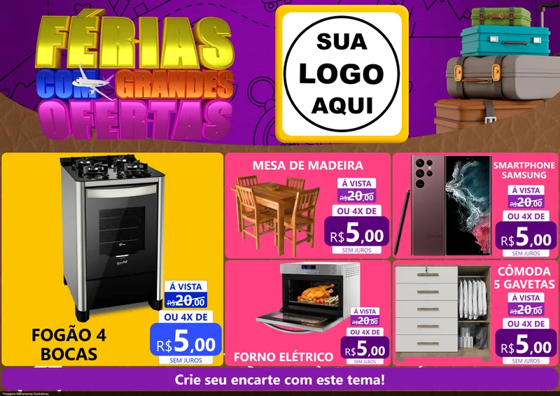 Modelo de Encarte para Encarte A4 Horizontal com o tema Férias com Grandes Ofertas para Móveis e Eletro