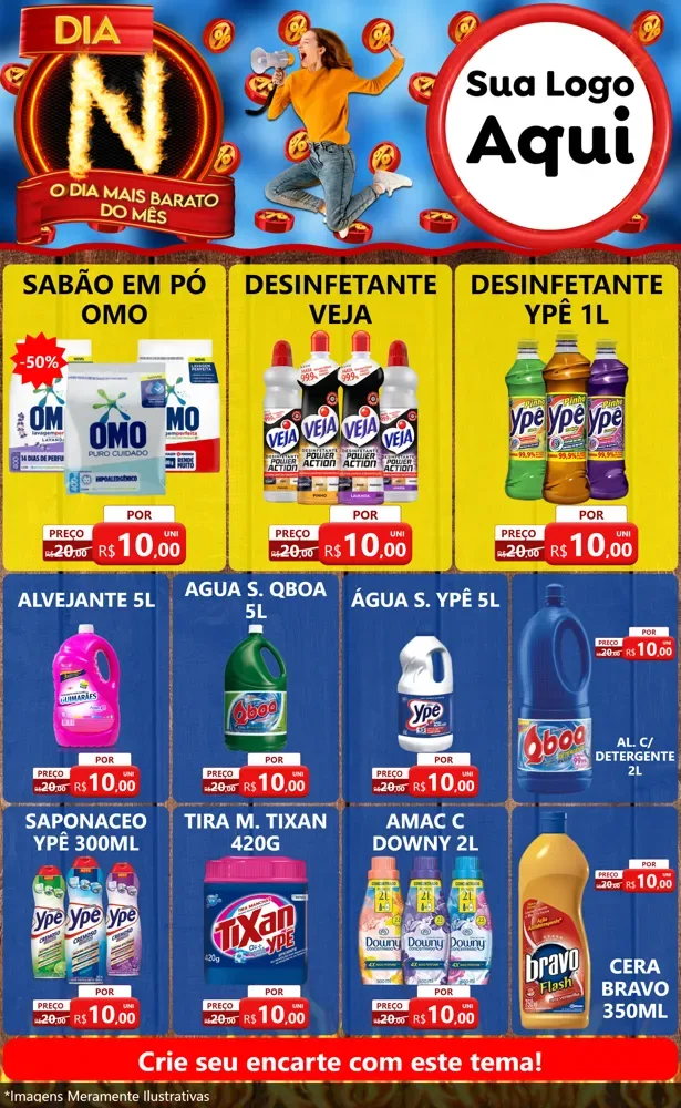Modelo de Encarte para Encarte Grande com o tema Dia N - O Dia Mais Barato Do Mês para Produtos de Limpeza