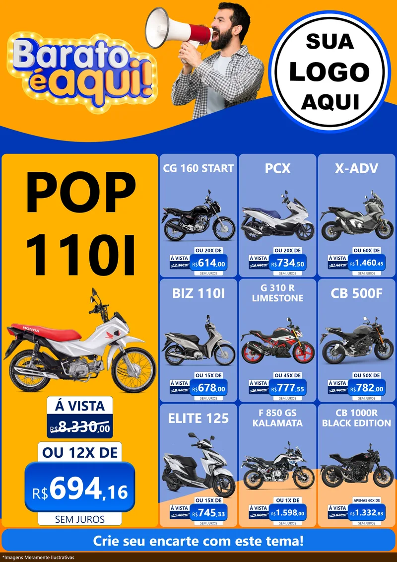 Modelo de Encarte para Encarte A4 Vertical com o tema Barato é aqui para Concessionaria de Motos