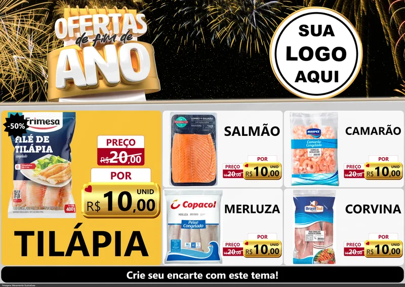 Modelo de Encarte para Encarte A4 Horizontal com o tema Ofertas de Fim de Ano para Peixaria