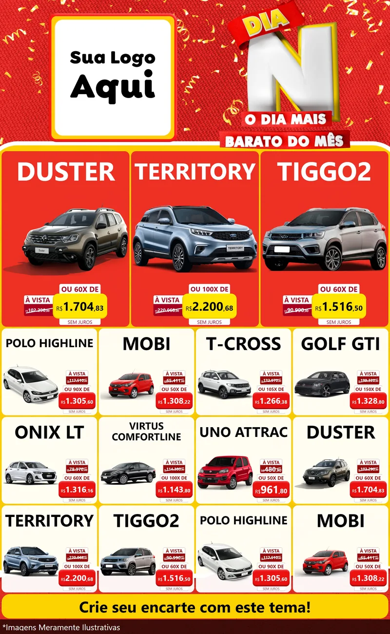 Modelo de Encarte para Encarte Grande com o tema Dia N o Dia Mais Barato do Mês para Concessionaria de Carros