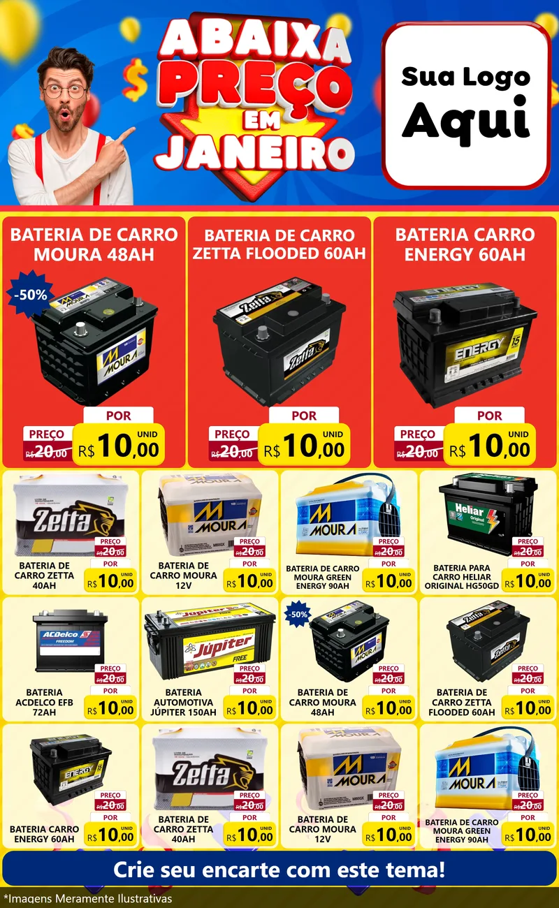 Modelo de Encarte para Encarte Grande com o tema Abaixa Preço em Janeiro para Baterias Elétricas