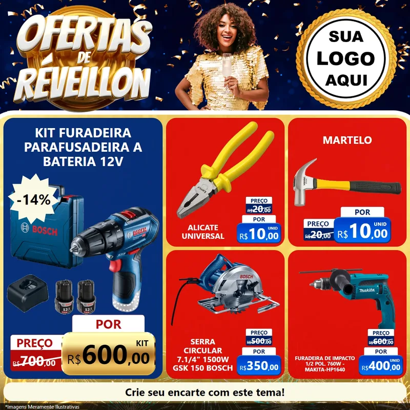Modelo de Rede Social para Feed Facebook com o tema Ofertas de Réveillon para Maquinas e Ferramentas