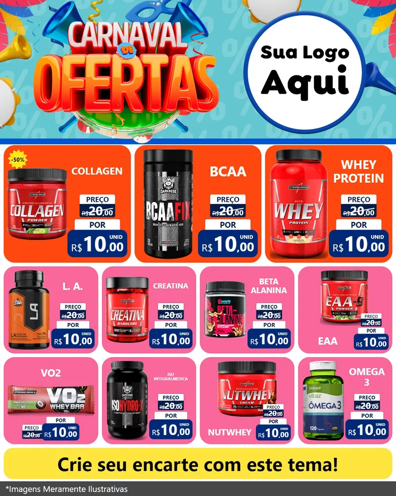 Modelo de Rede Social para Feed Instagram com o tema Carnaval de Ofertas para Suplementos alimentares