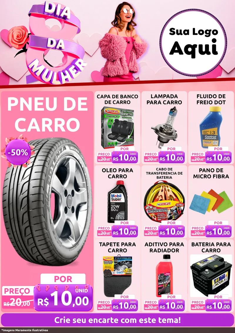 Modelo de Encarte para Encarte A4 Vertical com o tema Dia da Mulher para Auto peças