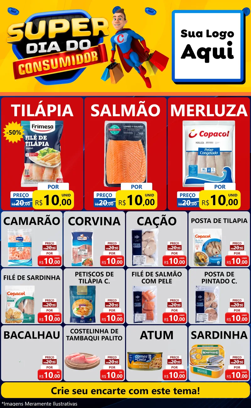 Modelo de Encarte para Encarte Grande com o tema Super Dia do Consumidor para Peixaria