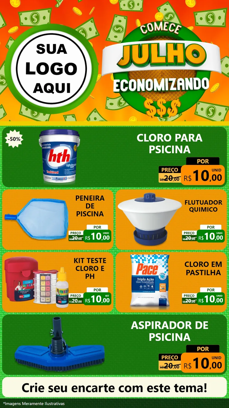 Modelo de TV para TV Vertical com o tema Comece Julho Economizando para Produtos para Piscina