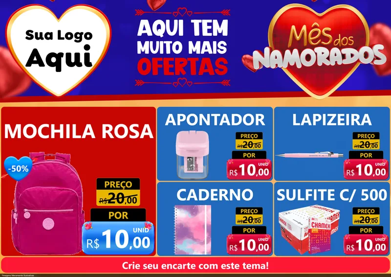 Modelo de Encarte para Encarte A4 Horizontal com o tema Mês dos Namorados para Papelaria