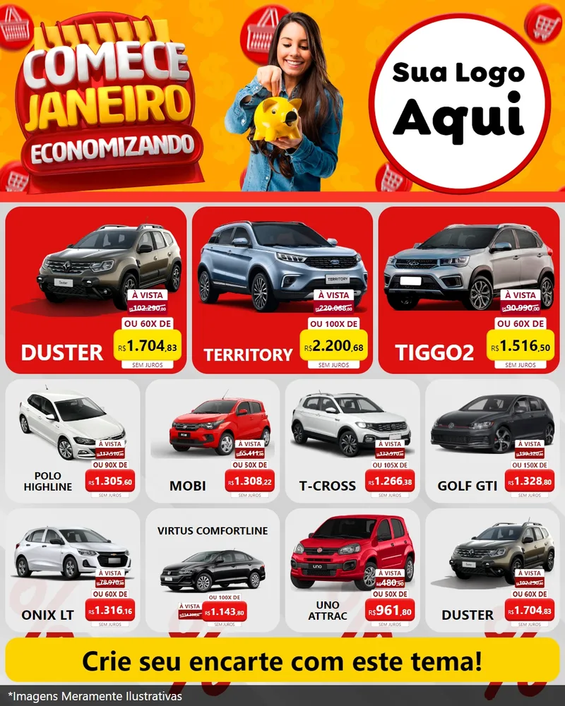 Modelo de Rede Social para Feed Instagram com o tema Comece Janeiro Economizando para Concessionaria de Carros