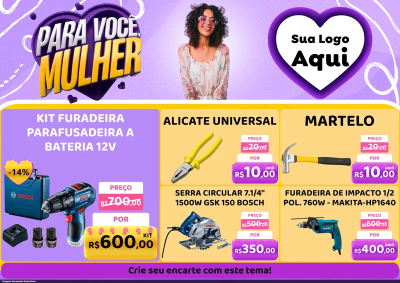 Modelo de Encarte para Encarte A4 Horizontal com o tema Para Você, Mulher para Maquinas e Ferramentas