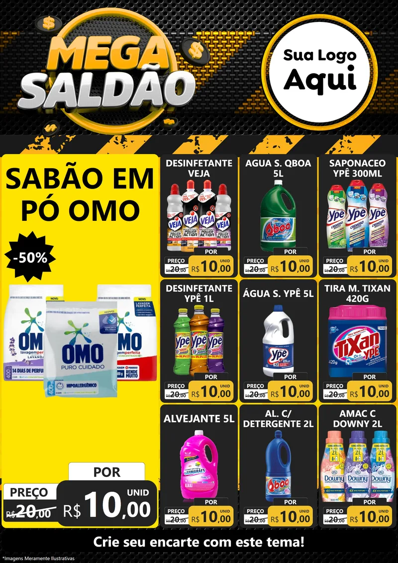 Modelo de Encarte para Encarte A4 Vertical com o tema Mega Saldão para Produtos de Limpeza