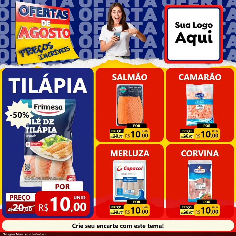 Modelo de Rede Social para Feed Facebook com o tema Ofertas de Agosto - Preços Incríveis para Peixaria