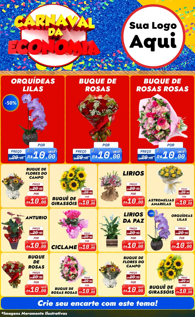Modelo de Encarte para Encarte Grande com o tema Carnaval da Economia para Floricultura e jardim