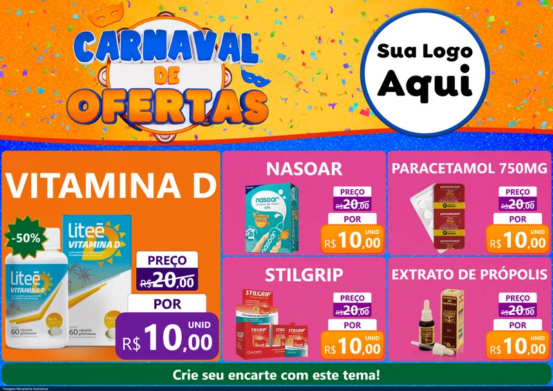 Modelo de Encarte para Encarte A4 Horizontal com o tema Carnaval de Ofertas para Farmácia