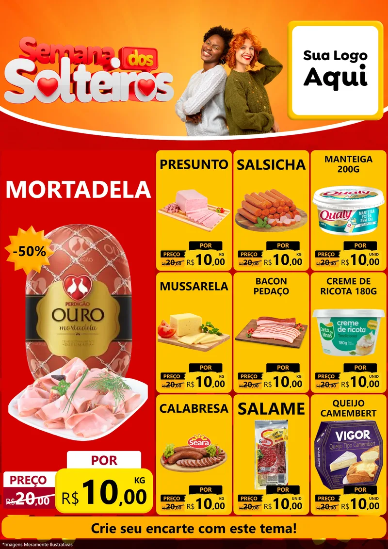 Modelo de Encarte para Encarte A4 Vertical com o tema Semana dos Solteiros para Frios e Laticínios