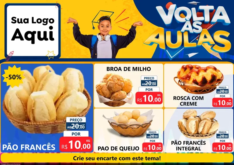 Modelo de Encarte para Encarte A4 Horizontal com o tema Volta Às Aulas para Padaria