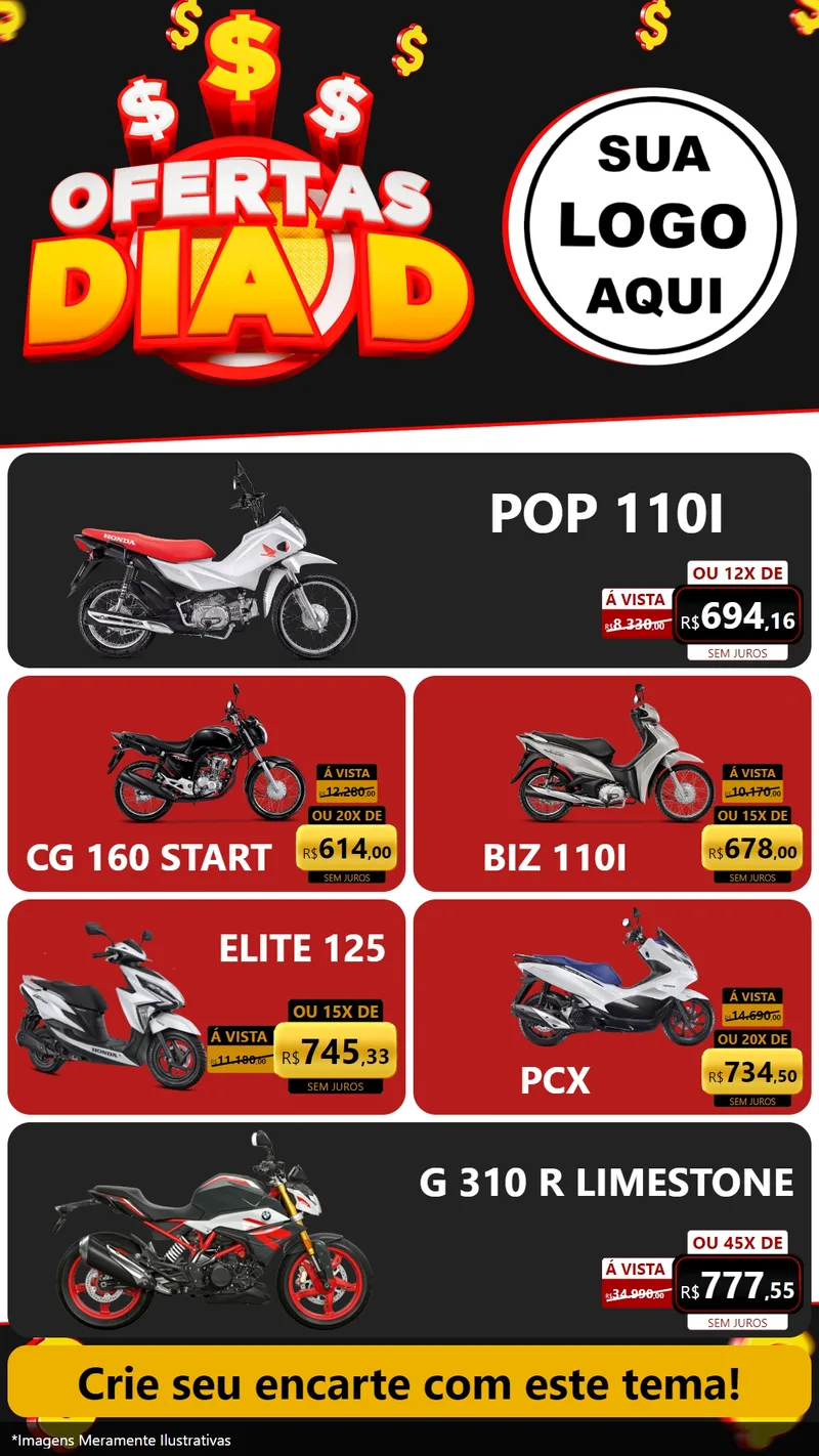 Modelo de TV para TV Vertical com o tema Ofertas Dia D para Concessionaria de Motos