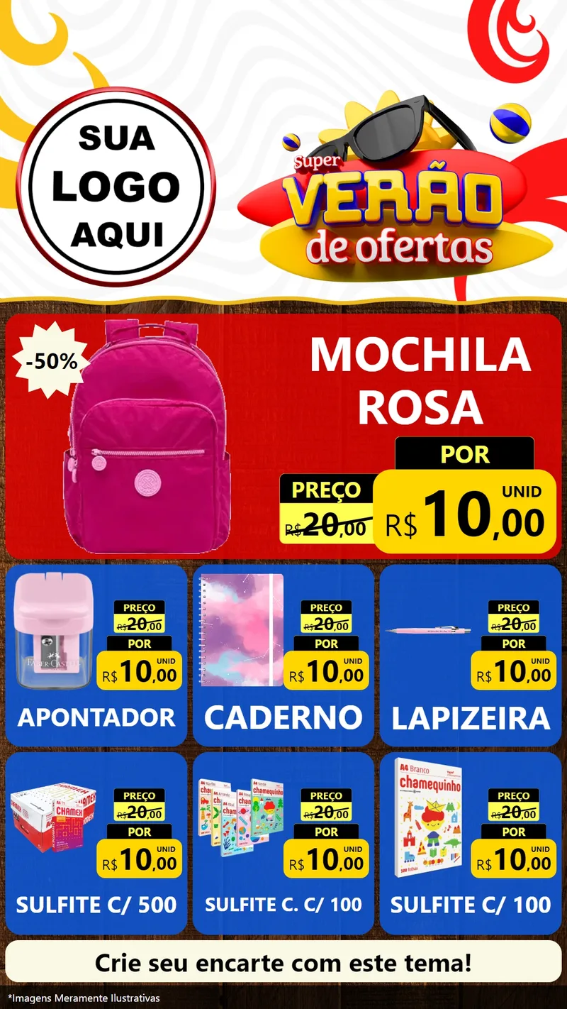 Modelo de Rede Social para Stories com o tema Super Verão de Ofertas para Papelaria