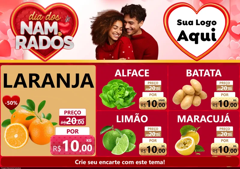 Modelo de Encarte para Encarte A4 Horizontal com o tema Dia dos Namorados para Hortifrúti
