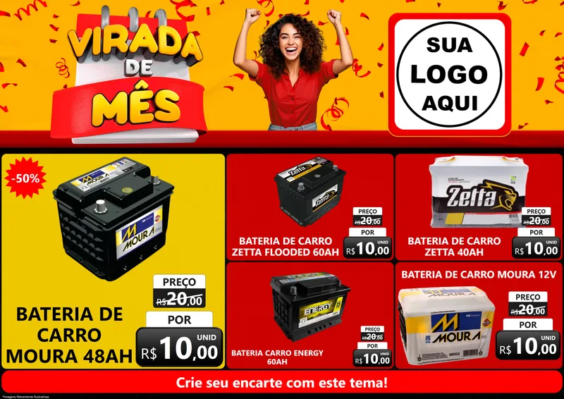 Modelo de Encarte para Encarte A4 Horizontal com o tema Virada de Mês para Baterias Elétricas