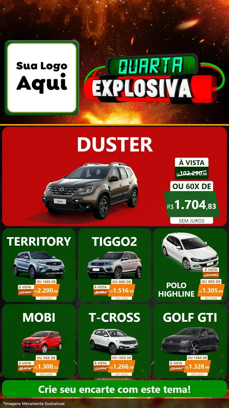 Modelo de Rede Social para Stories com o tema Quarta Explosiva para Concessionaria de Carros