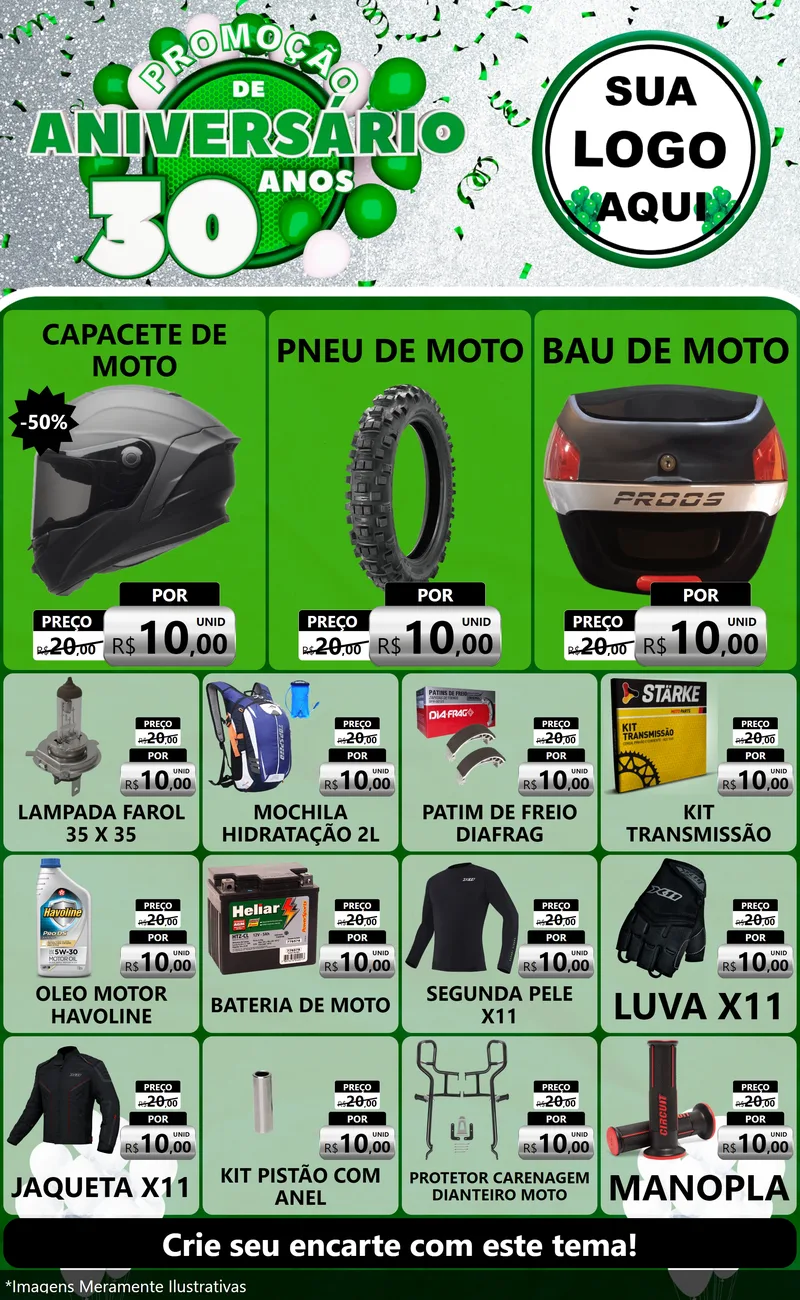 Modelo de Encarte para Encarte Grande com o tema Promoção de Aniversário - 30 Anos para Moto peças